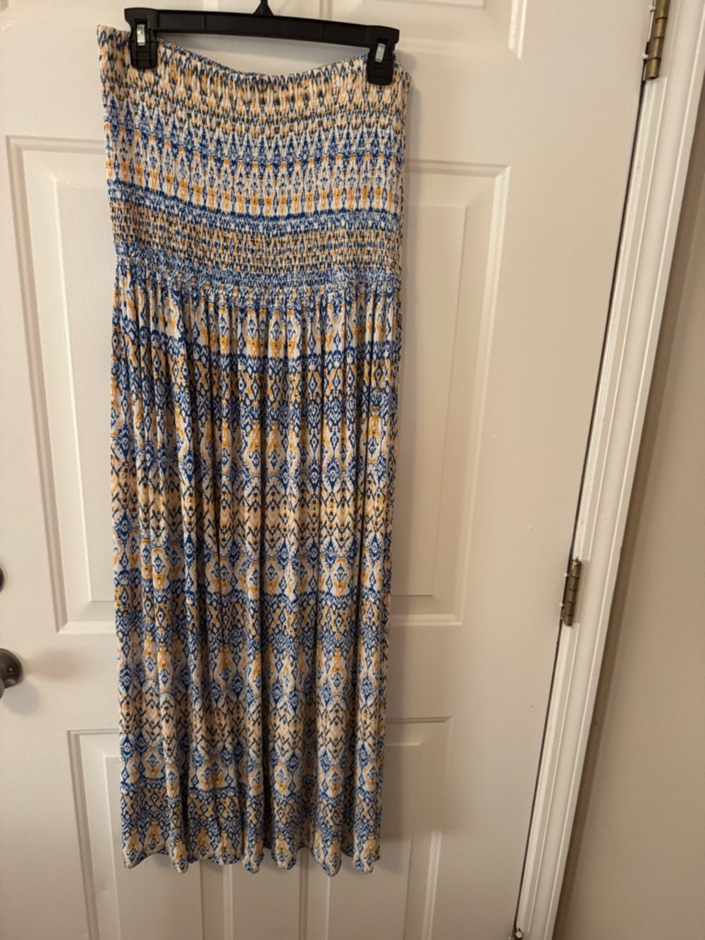 Smocked Waist Blue and Yellow Patterned Maxi Skirt